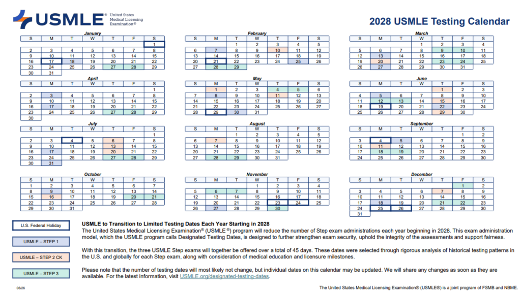 USMLE designated testing dates calendar 2028